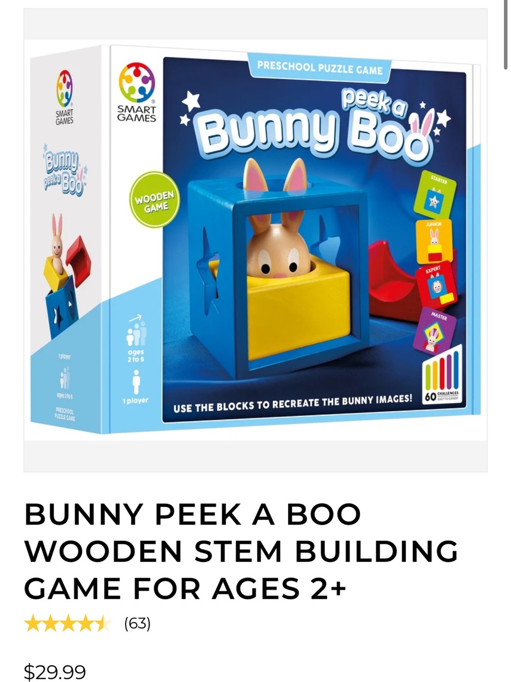 SmartGames Peek a Bunny Boo Wooden Puzzle Toy - Blue & Yellow